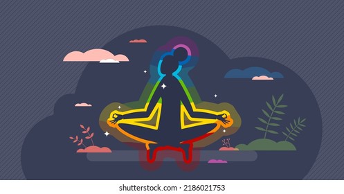 Aura energy and spiritual meditation with glowing light tiny person concept. Yoga therapy with astral relaxation and esoteric power belief vector illustration. Mental universe connection feeling.