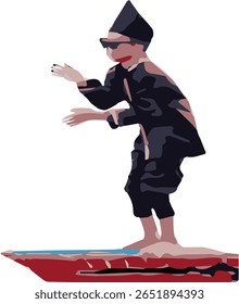 Aura Farming Kid. A boy is barefoot and standing on a colorful bow of a Indonesia traditional boat. Pacu Jalur Riau Festival.