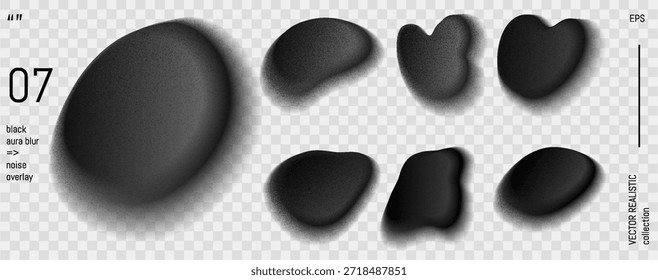 Forma preta abstrata de gradiente de aura. Blob embaçado com textura de ruído de aquarela. Elemento y2k cinza fluido com ombre monocromático macio e sobreposição granulada. Bolha escura líquida com ponto png da paleta gótica.