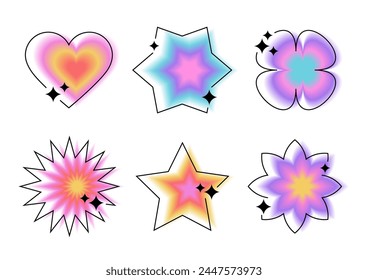 Aura Gradient elements set with line. Y2k style blurred gradient shapes. Blurry flower, heart, star, butterfly aesthetic elements. Abstract geometric shapes in trendy retro style.