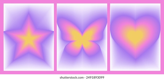 Aura Gradient heart, butterfly, star posters. Y2k style blurred gradient. Blurry aesthetic elements. Colourful spiritual poster. Trendy wall art. Purple, pink, yellow. Print, wallpaper, web template.