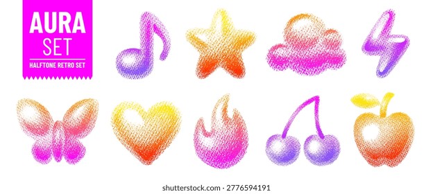 Aura gradient shape. Y2k grain flower, heart, butterfly, star, fire. Blur background icon. Figure abstract with aura gradation. Gradient neon element, music sticker bg. Geometric 3d grain blurry set