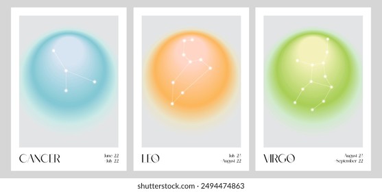 Aura Gradient Zodiac poster. Cancer, Leo, Virgo Wall Art. Y2k style blurred gradient. Astrology print. Colourful spiritual poster. Futurism vector art. Print, wallpaper, web template.