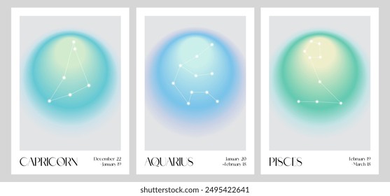 In: Aura Gradient Zodiac Poster. Steinbock, Wassermann, Fische Wandkunst. Y2k-Stil verwischt Farbverlauf. In: Astrology Print. Buntes spirituelles Poster. Futurismus Vektorgrafik. Print, Bildschirmhintergrund, Web Vorlage.