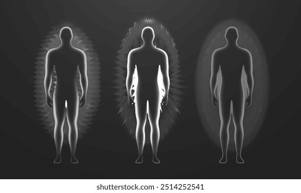 Aura corpo humano e campo de energia em um fundo preto. Silhueta anatomia humana em efeitos de luz brilhante