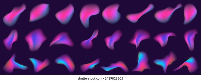 Aura neon y2k gradient abstract shape set. Blur y2k fluid irregular organic element. Blur gradient neon mesh. Vector illustration