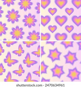 Aura patterns set. Y2k groovy abstract backgrounds. Blurry flower, heart, star, butterfly element. Blurred gradient. Abstract geometric shapes. Purple, pink, yellow. Print, wallpaper, card, banner