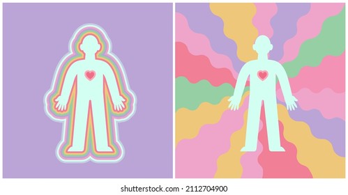 Aura and positive vibrations concept. Illustration of a healthy mind and positive thinking of a person full of love. Human silhouette spreading kindness. Flat cartoon-style vector illustration. 