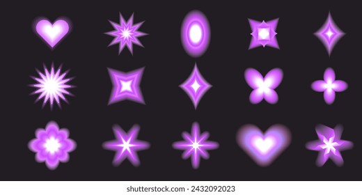 Aura Y2k blurred gragient set unfocused shapes, abstract geometric shapes, star, heart, flower in trendy retro style. Futuristic collection