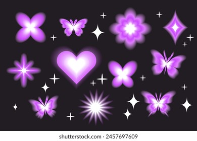 Aura Y2k blurred gragient set unfocused shapes, abstract geometric shapes, star, heart, flower in trendy retro style. Futuristic collection