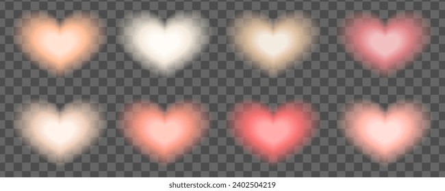 Aura Y2K Peach colored hearts collection. Set with aestetic soft gradient trendy valentine day heart. Bright Center and transparent background. Vector illustration 