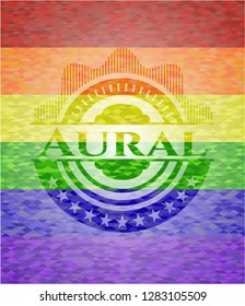 Aural emblem on mosaic background with the colors of the LGBT flag