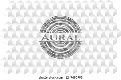 Aural grey badge with geometric cube white background