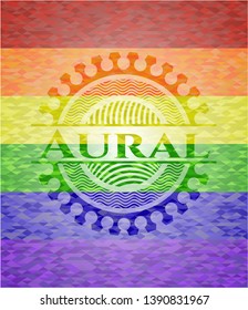 Aural on mosaic background with the colors of the LGBT flag