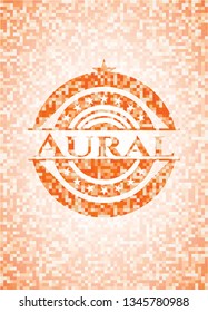 Aural orange tile background illustration. Square geometric mosaic seamless pattern with emblem inside.