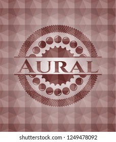 Aural red seamless emblem or badge with abstract geometric polygonal pattern background.