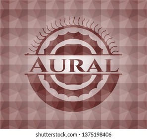 Aural red seamless emblem or badge with geometric pattern background.