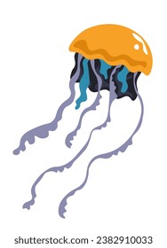 Aurelia flotando en el océano o en el mar. Icono de medusa aislada con tentáculos, habitante de acuario acuático. Animal acuático Boneles. Salto gelatinoso nadando en forma de cuerpo de criatura. Vector de estilo plano