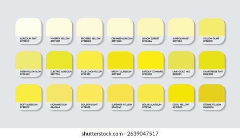 Aureolin Color Palette. Lively and Green-Tinted Yellows Tones Swatch Chart with HEX Codes and Color Names. Warmer Toned Aureolin Variants, yellow Tone Palette. bright yellow Tints and Pale Variants