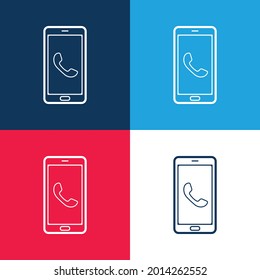 Auricular On Phone Screen blue and red four color minimal icon set