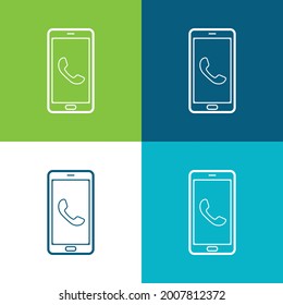 Auricular On Phone Screen Flat four color minimal icon set