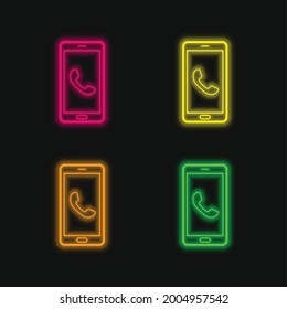 Auricular On Phone Screen four color glowing neon vector icon