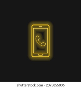 Auricular On Phone Screen yellow glowing neon icon