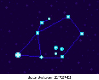 Auriga constellation in pixel art style. 8-bit stars in the night sky in retro video game style. Cluster of stars and galaxies. Design for applications, banners and posters. Vector illustration