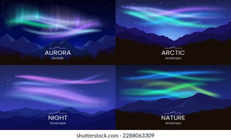 Aurora in der Arktis. Vektorgrafik von Berglandschaften. Minimalistischer Flachstil. Nachts Sternenhimmel. Design-Hintergrund, Banner, Website, Postkarte.