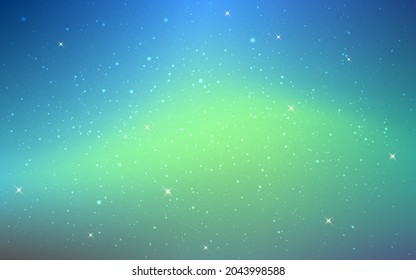 Aurora background. Space texture with northern lights. Color starry cosmos with nebula. Blue and green glow. Magic universe with stars. Beautiful cosmic wallpaper. Vector illustration.