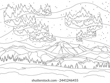 Aurora blue sky and a lot of star in form of milky way, astronomy background, Vector coloring book page illustration