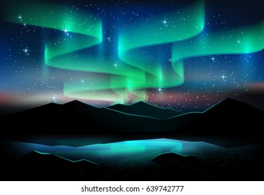 Aurora blue sky and a lot of star on lake, astronomy background, Vector illustration