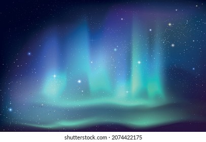 Aurora Borealis background  Arctic   Antarctic polar night sky and stars   glowing Northern light  Vibrant green blue   purple gradient magic effect  Vector winter night illustration