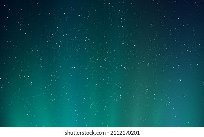 Aurora borealis background. Bright northern lights and starry sky. Space backdrop with shining stars. Green wavy light effect. Magic night sky. Vector illustration.