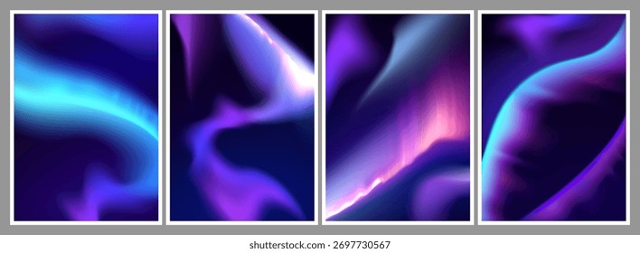 Conjunto de fondos de color Aurora boreal. Vector ilustración realista de abstracto azul, rosa, efecto de gradiente púrpura, luz del norte en el cielo de invierno nocturno, hermoso telón de fondo para el Fondo de pantalla, diseño de póster
