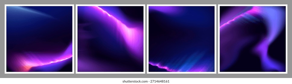 Aurora borealis color backgrounds set. Vector realistic illustration of abstract blue, pink, purple gradient effect, northern light in night winter sky, beautiful backdrop for wallpaper, poster design