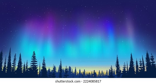 Aurora borealis and forest on the horizon, northern lights and stars, winter holiday illustration