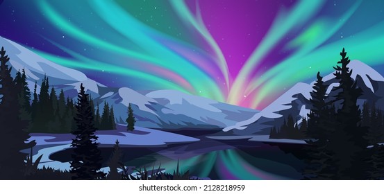 Aurora borealis. Green northern lights above mountains. Winter night landscape.