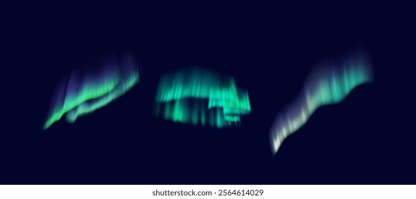 Aurora borealis green patterns in night sky realistic color icons set. Mesmerizing dancing lights 3d objects bundle on dark background