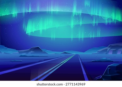 Aurora borealis illuminates arctic winter landscape with vibrant green neon hues. Stunning polar night over snowy mountains, straight road beneath starry galaxy sky. Nordic travel background design.