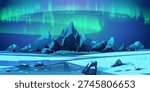 Aurora borealis illuminates northern landscape with mountains and frozen lake. Green polar lights across night sky in cartoon magical nordic arctic vector scene with winter gradient effects.