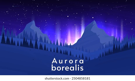 Aurora borealis landscape. Flat style. Vector illustration. Dark mountains with starry sky. Design for wallpaper, background.