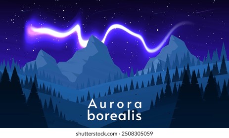 Aurora borealis landscape. Flat style. Vector illustration. Dark mountains with starry sky. Design for wallpaper, background.