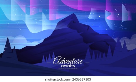 Aurora borealis landscape with mountain, hills, forest and road. Design for background, wallpaper, banner.