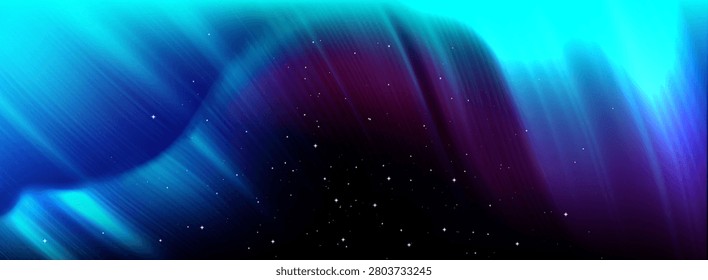 Aurora borealis lights in northern starry sky with vibrant green and purple gradient realistic vector background. Magical polar night atmosphere, abstract winter arctic bg with neon light
