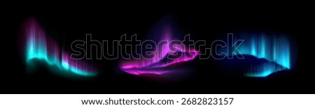 Aurora borealis lights set isolated on black background. Vector realistic illustration of color gradient illumination shimmering in north pole sky, arctic nature, polar winter landscape design element