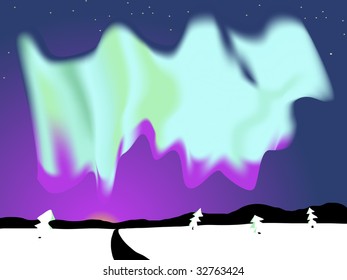 Aurora borealis made with meshes. Radial gradient for the sky.
