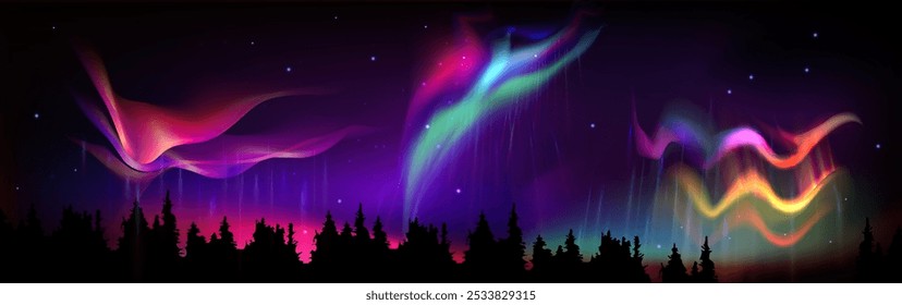 Aurora borealis in night sky above forest. Vector realistic illustration of dark fir tree silhouettes, north pole skyline with beautiful polar lights and stars, natural phenomenon, travel banner