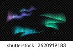 Aurora borealis in the night sky. Bright glow in the northern regions. Vector set of elements isolated on transparent background.