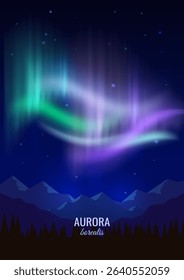 Aurora borealis in the night sky. Night scene. Realistic northern lights landscape. Vector illustration.